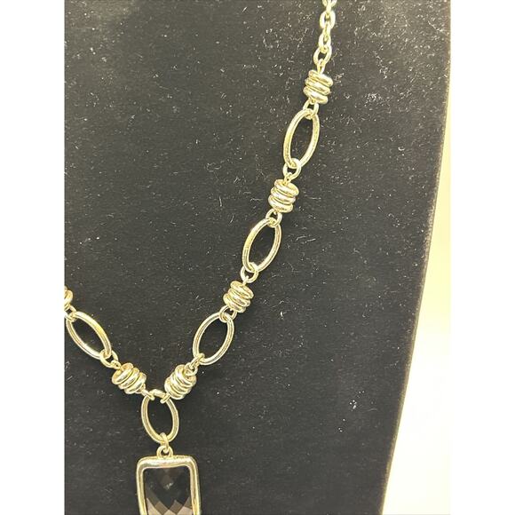 Silver Tone Chain And Square Faux Onyx Pendant 18” - Picture 3 of 5